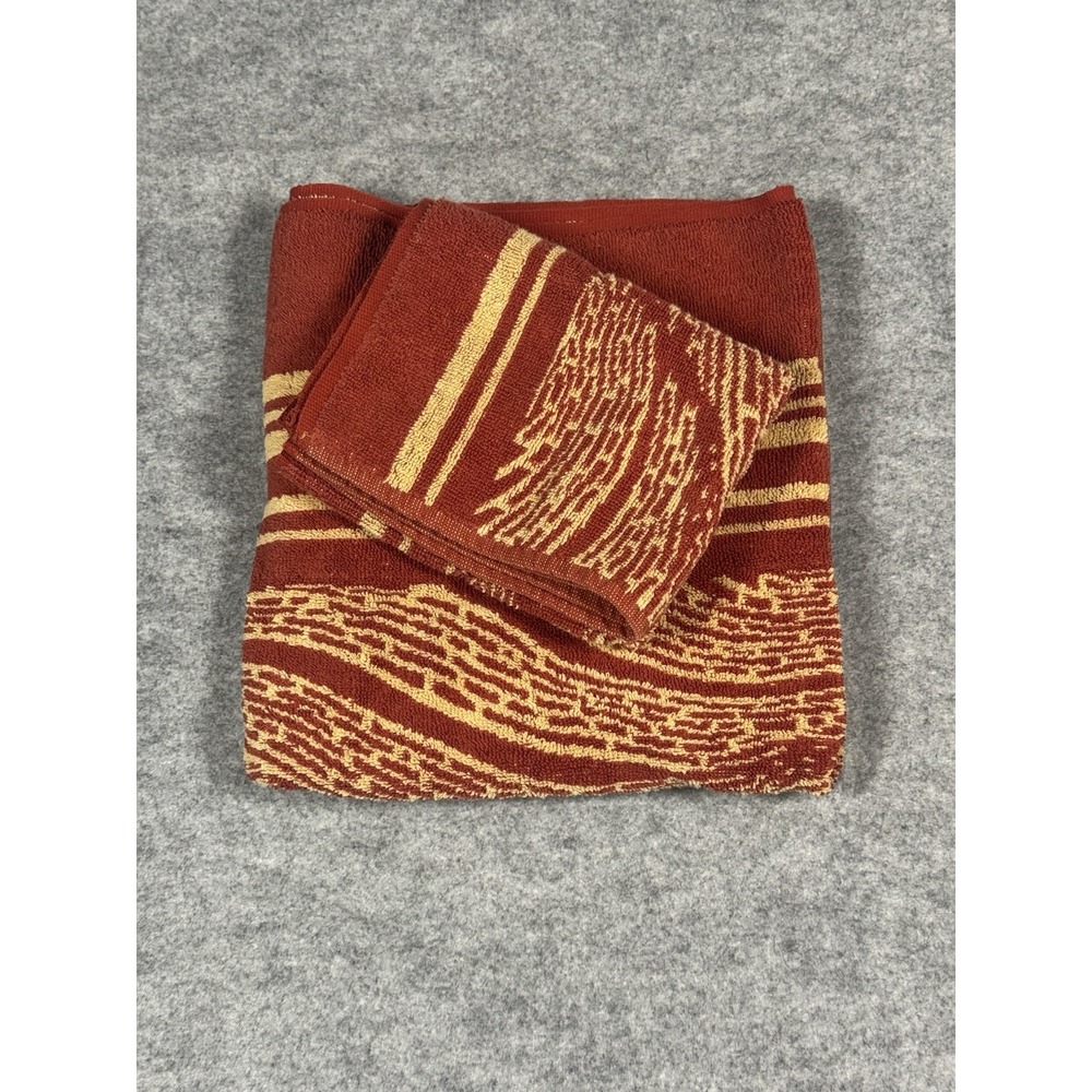 1970's Martex Bath & Hand Towel Vintage Set,  MCM Burnt Orange & Gold Retro, USA
